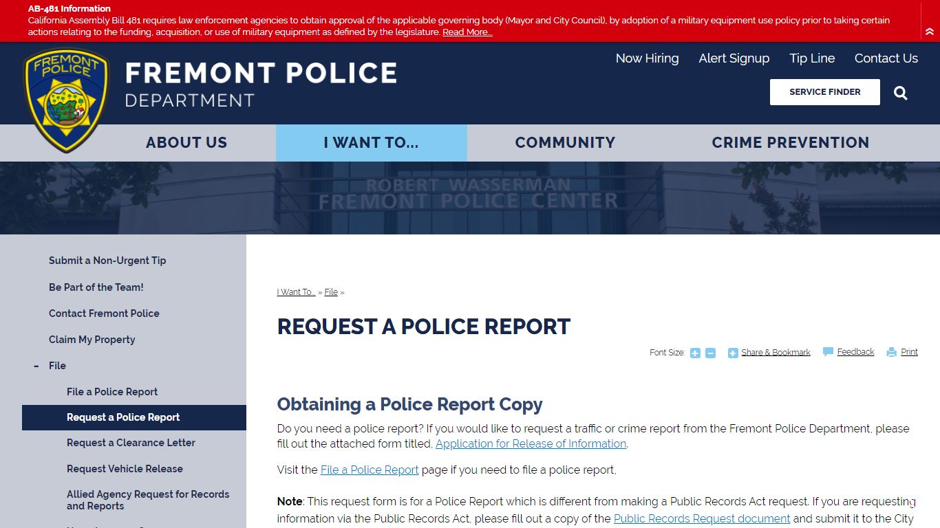 Request a Police Report | Fremont Police Department, CA